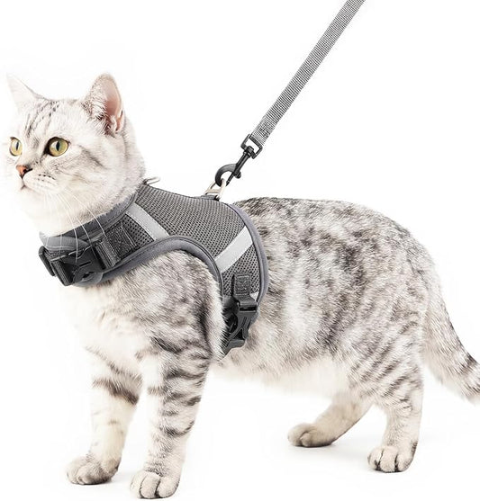 Cat Harness and Leash Escape Proof Kitten Harness Cat Leash for Walking Travel Service Cat Vest, Grey, X-Large