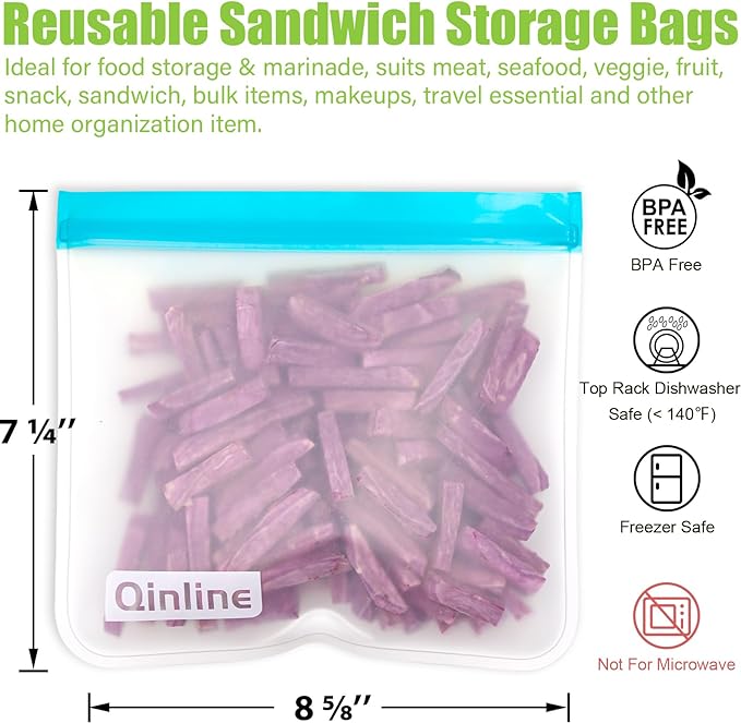 Reusable Food Storage Bags - 10 Pack Freezer Bags, Extra Thick Leakproof Lunch Bags for Salad Fruit Marinate Meats Travel - 10 Sandwich Storage Bag