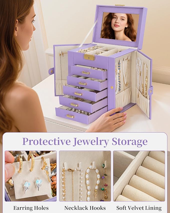 TORIBIO Large Jewelry Box for Women, Leather Jewelry Organizer with Mirror & Lock, 6-Tier Jewelry Storage Case for Girls/Women/Mothers, Necklace Earring Bracelets Holder Organizer