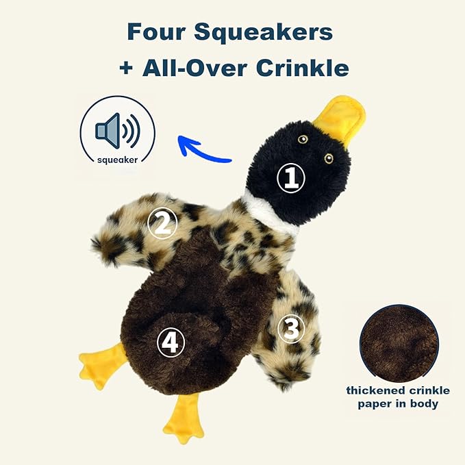 Duck Dog Squeaky Toy for Aggressive Chewers - No Stuffing Durable Plush with 4 Squeakers & Crinkle Wings, Chew Proof Puppy Toys for Small Medium Large Dogs (Black & Brown)