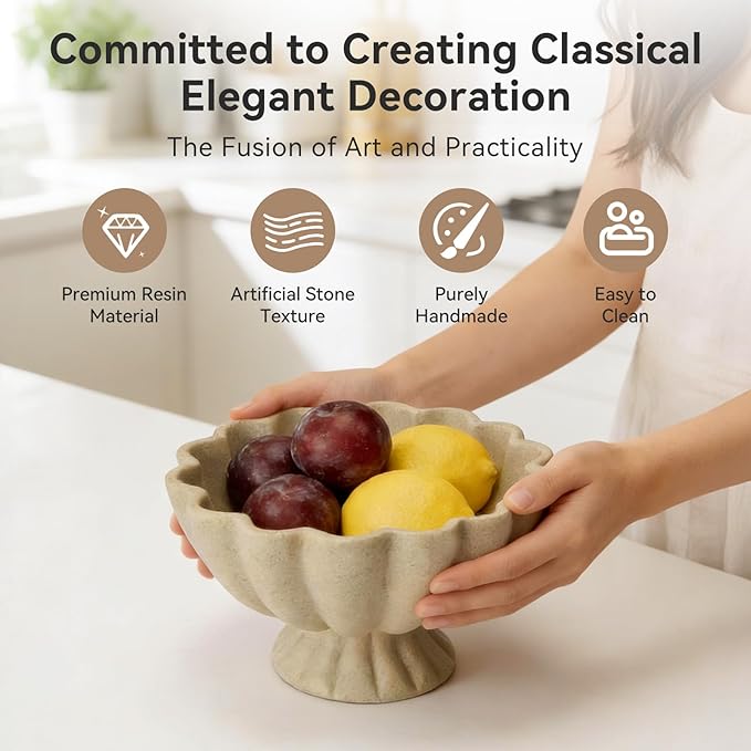 Pedestal Decorative Bowl Home Decor - Morden Resin Handmade Decorative Fruit Bowl for Kitchen Counter, Chic Ruffle Bowl Centerpiece Decor for Dining Table Coffee Table (Artificial Stone Beige)