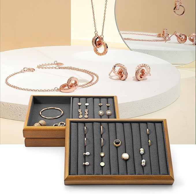 Oirlv Solid Wood Stackable Jewelry Organizer Tray Jewelry Drawer Organizer(Grey)
