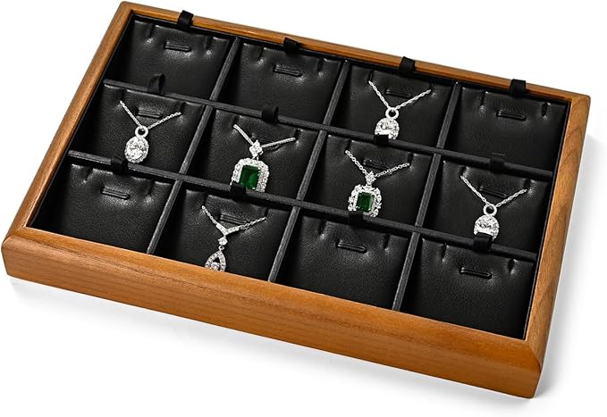 Oirlv Solid Wood 12 Grid Liner Pendant Jewelry Organizer Tray Jewelry Drawer Organizer(Black)
