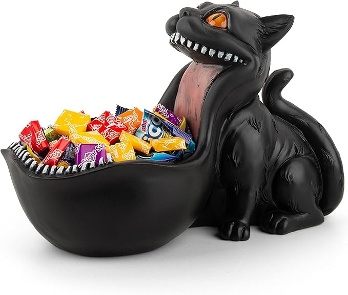 Cat Candy Bowl Gothic Decor Black Cat Statue Decorative Bowl Large Candy Dish for Office Desk Cute Key Bowl for Entryway Table Big Mouth Cat Gifts