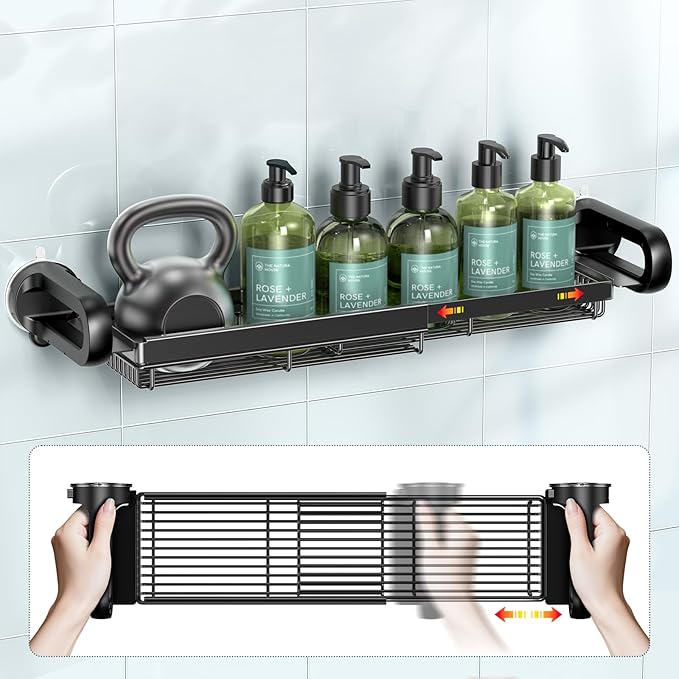 JOTPE Shower Caddy Suction Cup, Expandable Suction Shower Shelf with Large Capacity, Heavy Duty Shower Organizer Powerful Max Hold 22lbs, Removable Waterproof Metal Basket for Bathroom Kitchen Storage