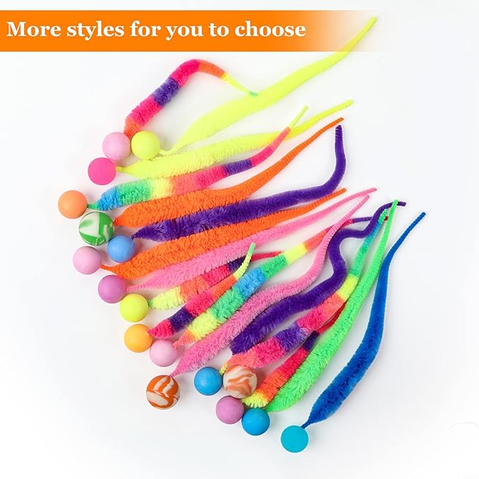 SHENGSEN Bouncy Ball with Tail Cat Toys-5 Packs,Magic Worm with Large Colorful Ball Toy for Cats,Fuzzy Worm Bouncy Balls Cat Toy
