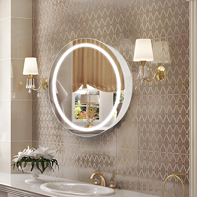 20inch Round Medicine Cabinet with Lights,Led Medicine Cabinet with Defogger,Illuminated Mirror Cabinet for Bathroom,Dimmable,Anti-Fog,3 Colors,Surface Mount Only,White
