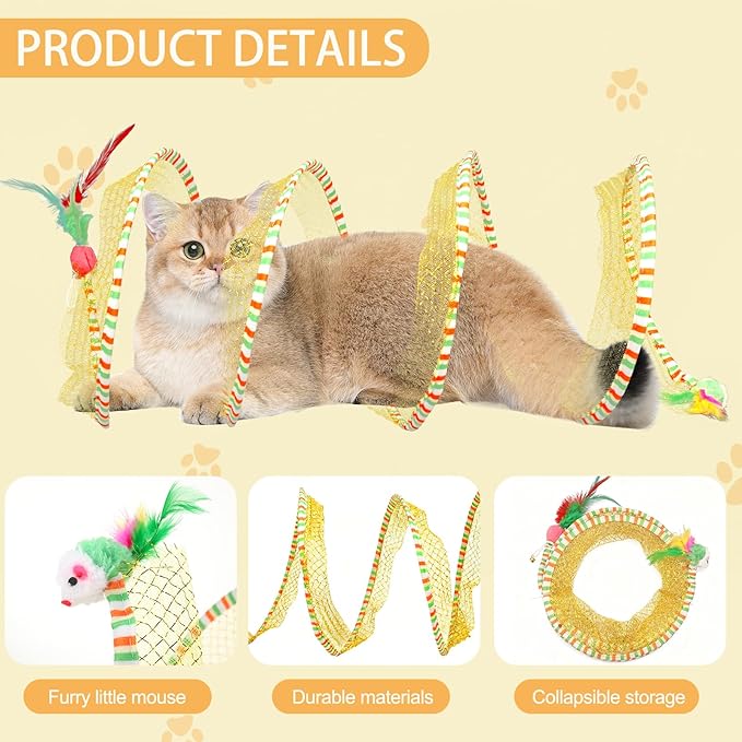 2-Pack Large Cat Tunnel Beds - Indoor & Outdoor,Kitten Collapsible Spring Tunnel Toy with Feather and Bell,Interactive Spring Toys for Cats & Kittens（Yellow and Blue）