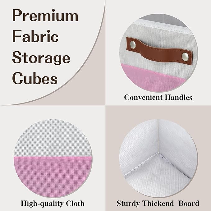 Temary Foldable Cube Baskets 4Pack - Clothes Shelf Storage with Handles, Fabric Storage Organizer Bins (White&Pink, 13x15x13 Inch)