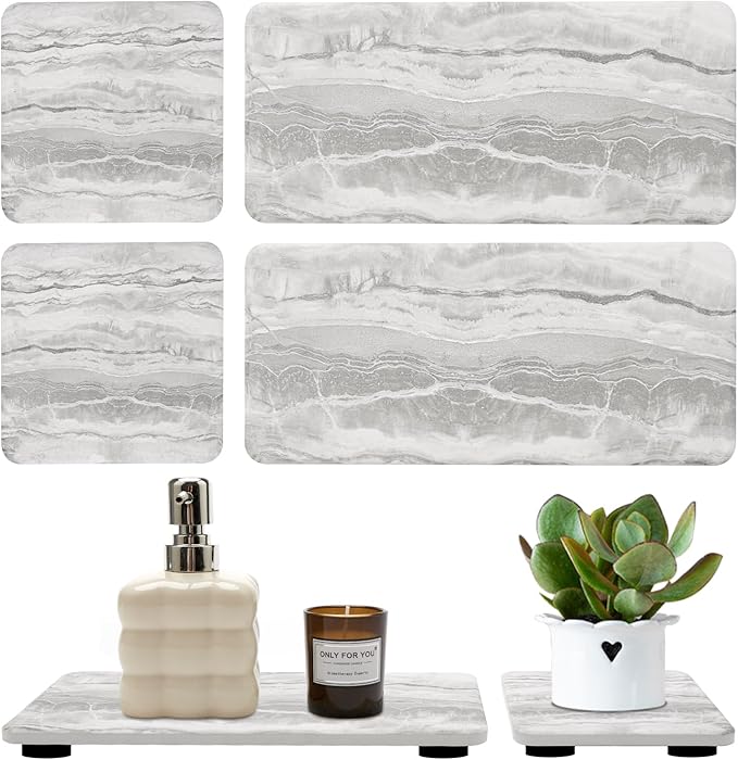 4 Pcs Water Absorbing Stone Trays for Bathroom Sink Instant Drying Mats for Kitchen Counter Dish Trays Decor Hand Soap Dispenser Caddy Sponge Holder Marble Diatomite Coaster Small Vanity Bathroom Tray