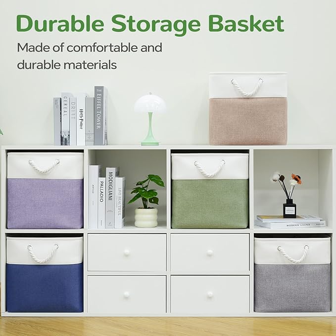 13 x 13 Inch Cube Storage Bins, 6 Pack Fabric Storage Basket with Handles, Foldable Boxes Organizer for Shelf Baskets for Home, Clothes, Toys (White/Green)