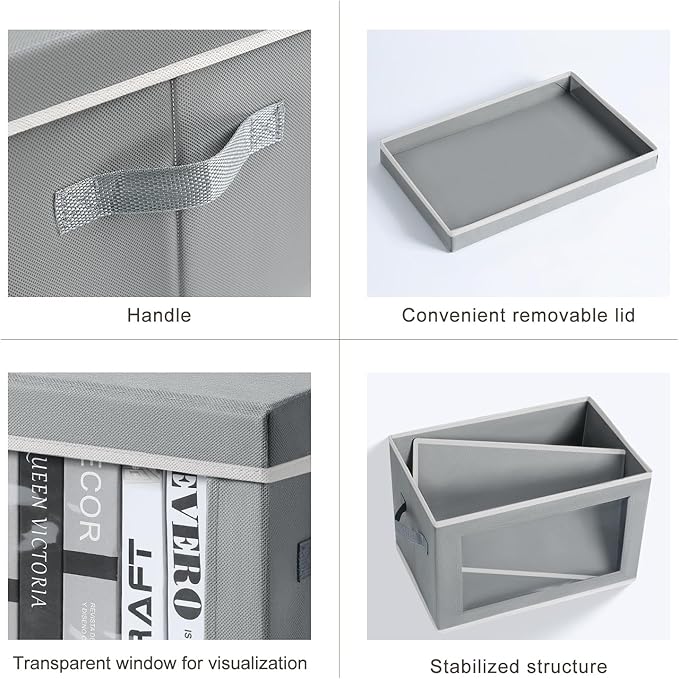 Decorative Bins with Lids - Stackable Cube Bins for Closet, 3 Pack Clear Windows Fabric Organizer Bins, Home Organizers and Storage for Clothes, CD, Towels, Grey