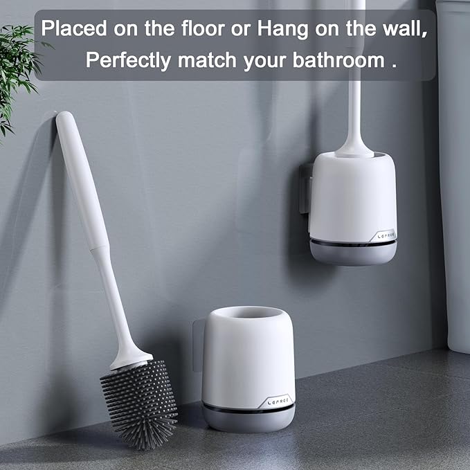 Lefree Silicone Toilet Brush and Holder, Bathroom Cleaner Brush Set, Non-Slip Handle Toilet Bowl Brush with TPR Soft Bristle, Wall Mounted/Floor Standing