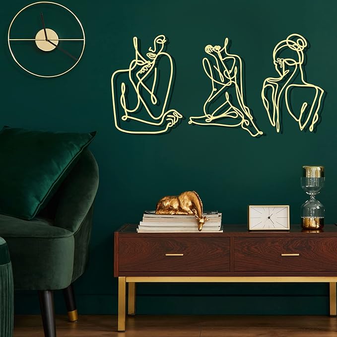 Photect 3 Pcs Metal Wall Art Decor Minimalist Abstract Woman Wall Art metal Modern Line Drawing Wall Art Decor Female Single Line Wall Home Hanging for Bedroom Bathroom Living Room, Gold (Elegant)