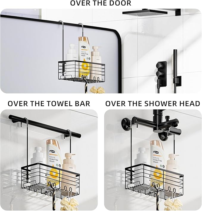 SHANSHUI Shower Hanging Caddy, Bathroom Shower Organizer Basket, Shampoo Bracket Over Door Rack with Hooks, 304 Stainless Steel