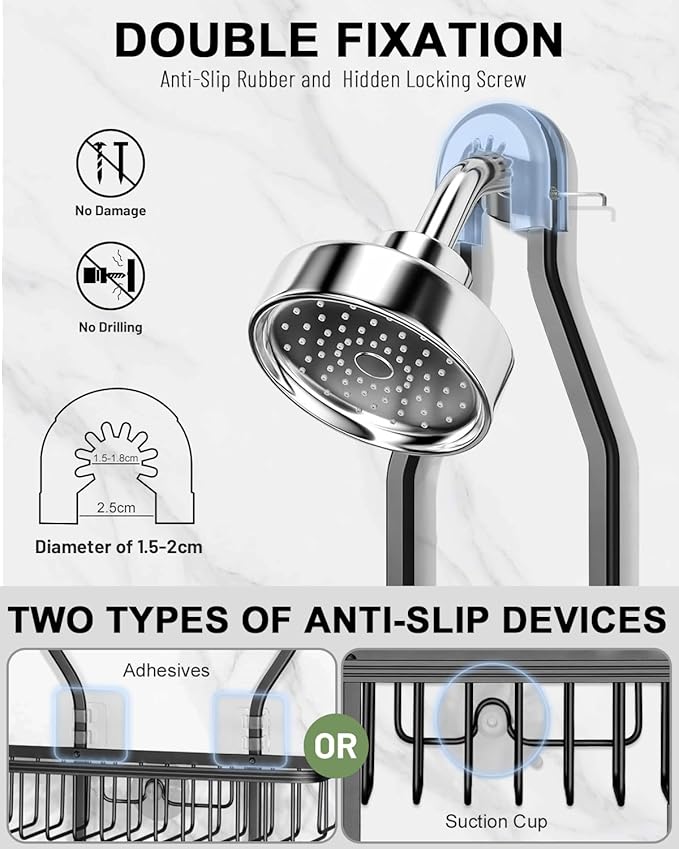 Shower Caddy Hanging - Never Rust Shower Hanging Organizer - Aluminum Over the ShowerHead Caddy with Soap Basket and 6 Hooks for Razor/Sponge (Black)