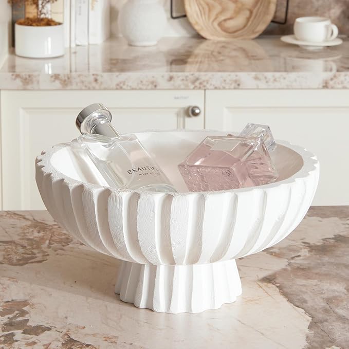 DN DECONATION White Wooden Decorative Bowl with Stand, 11.22" Wood Fruit Candy Key Holder Bowl for Centerpiece Home Room Decor Farmhouse Shelf Coffee Table Entryway