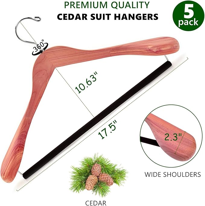 Amber Home 5 Pack American Red Cedar Wood Coat, Suit Hangers with Extra Wide Shoulder, Wooden Jacket Clothes Hanger Smooth Deluxe Aromatic Natural Cedar with Non Slip Velvet Pant Bar