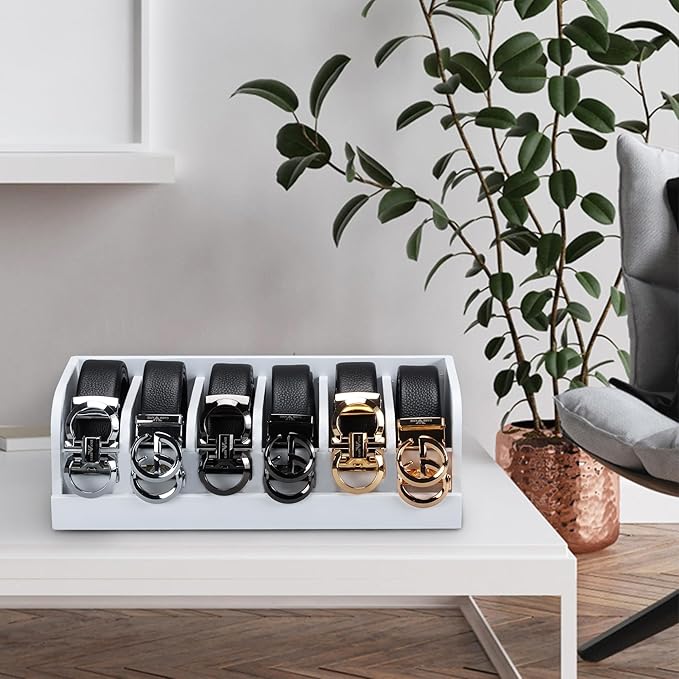 MinBoo Bamboo Belt Rack, 6-Compartment Belt Organizer and Displayer for Closet and Drawer, Men and Women (White)