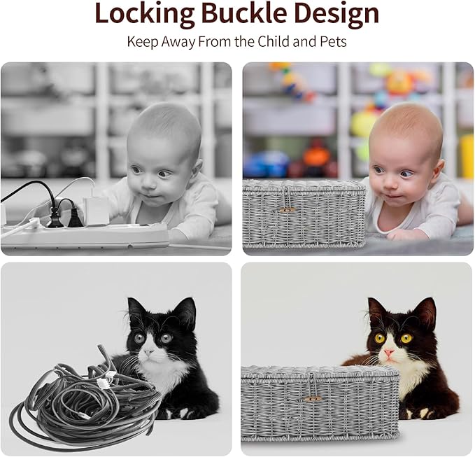 Cable Management Box, Woven Rattan Cord Hider With Lid & Button Lock, Floor Cord Holder for Power Strip USB Hub, Boho Desk Wicker Wires Storage Cable Organizer Box(grey)