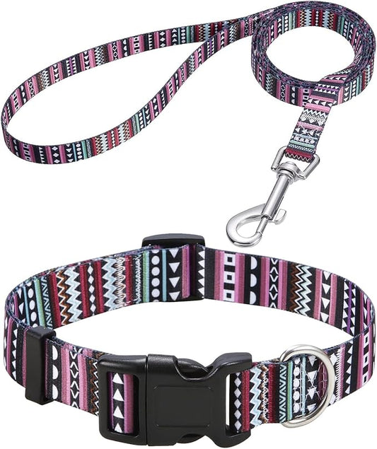 Dog Collar and Leash Set with Bohemia Floral Tribal Geometric Patterns - Soft Ethnic Style Collar Adjustable for Small Medium Large Dogs(Bohemian Purple Set,L)