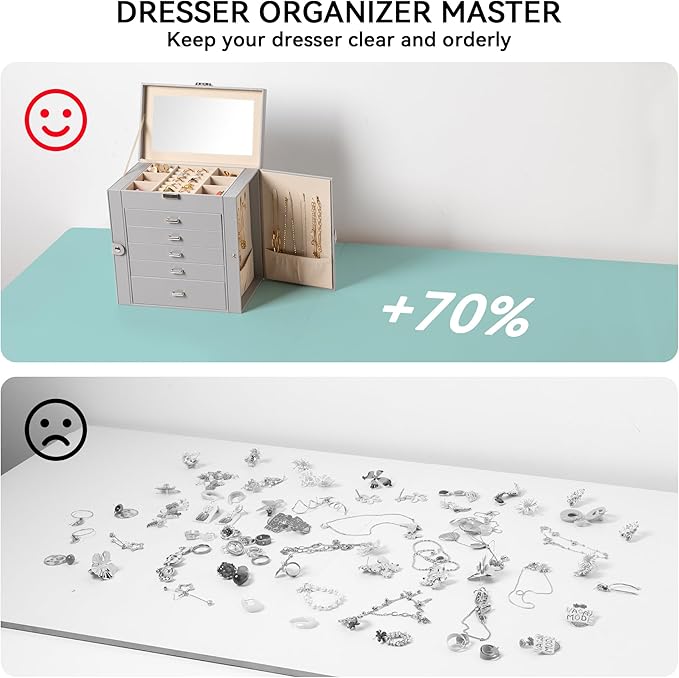 Frebeauty Large Jewelry Box,6-Tier PU Leather Jewelry Organizer,Multi-functional Storage Case with Mirror,Accessories Holder with 5 Drawers for Necklace Bracelets Watches(Grey)