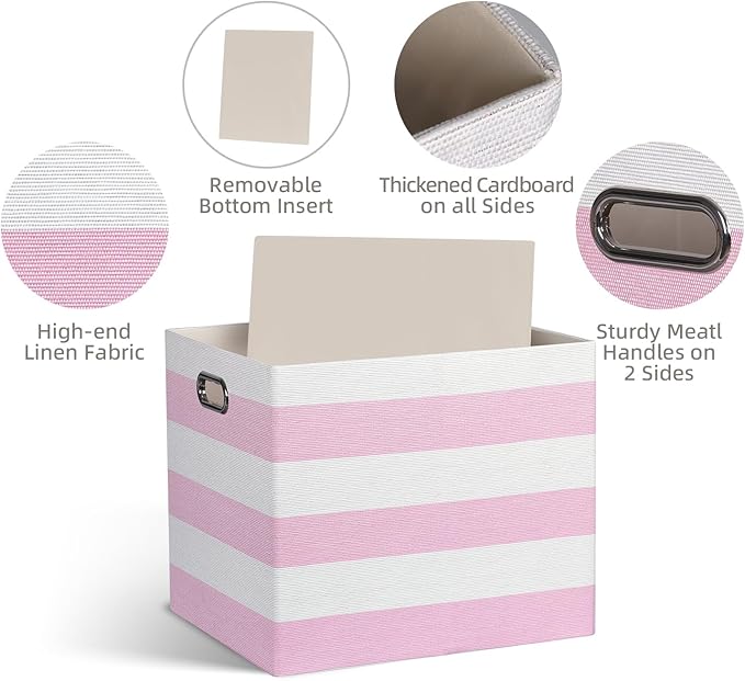 13x15x13 Storage Cube Bins, Foldable Storage Cubes, Fabric Organizer Basket Bin, Striped Containers Decorative Storage Boxes for Shelves Wardrobe Closet Home Office, 4 Pack, Pink/White