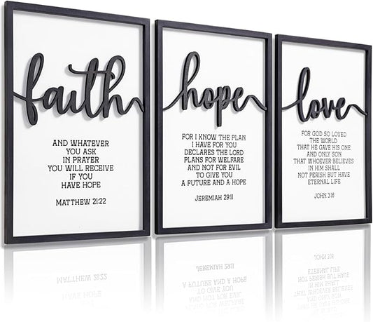 3D Wood Faith Hope Love Wall Decor, Christian Wall Art Bible Verses Wall Decor Scripture Wall Art for Bedroom Bathroom Kitchen Living Room Office(16x24inches, Set of 3, Framed)