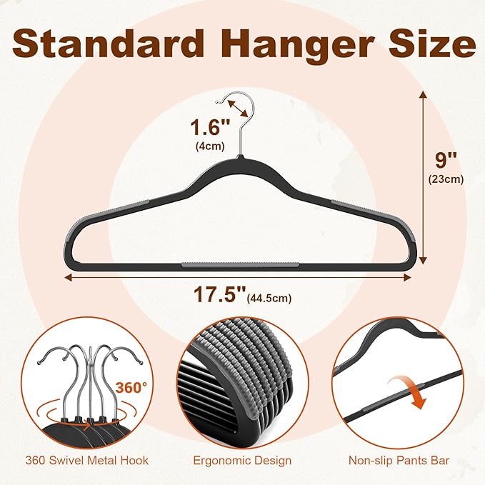 HOUSE DAY Heavy Duty Plastic Hangers 50 Pack, Non Slip Clothes Hangers with Rubber Grip and 360° Hook - Thin Plastic Hanger Space Saving - Coat Hanger Black, Closet Organizer for Shirt, Pants, Suit