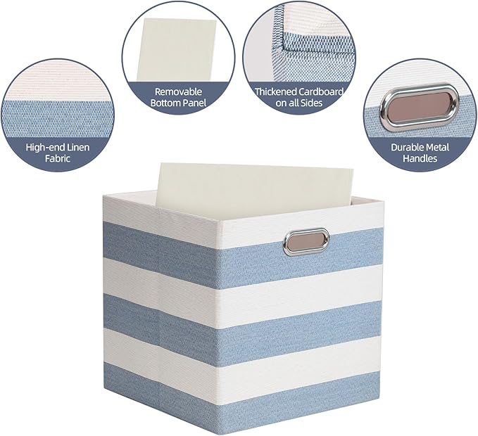 11x11 Cube Storage Bins, Collapsible Fabric Storage Cubes, Cubby Storage Organizer Bins Striped Container Baskets for Organizing Home Office Wardrobe Closet Shelf, Pack of 4, Blue/White