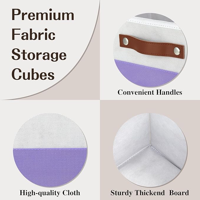 Temary Foldable Cube Baskets 4Pack - Clothes Shelf Storage with Handles, Fabric Storage Organizer Bins (White&Purple, 13x15x13 Inch)