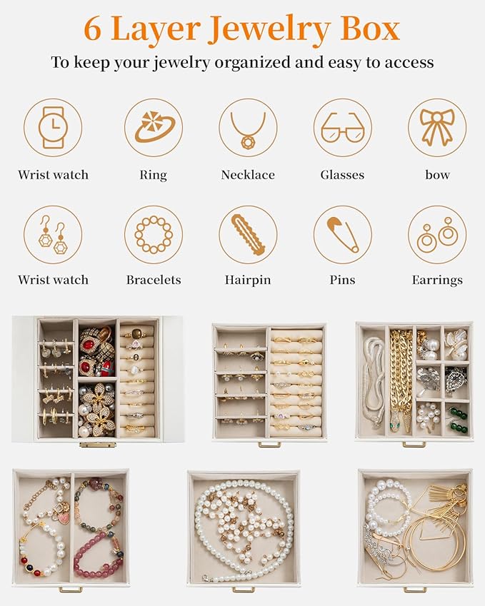 TORIBIO Large Jewelry Box for Women, Leather Jewelry Organizer with Mirror & Lock, 6-Tier Jewelry Storage Case for Girls/Women/Mothers, Necklace Earring Bracelets Holder Organizer