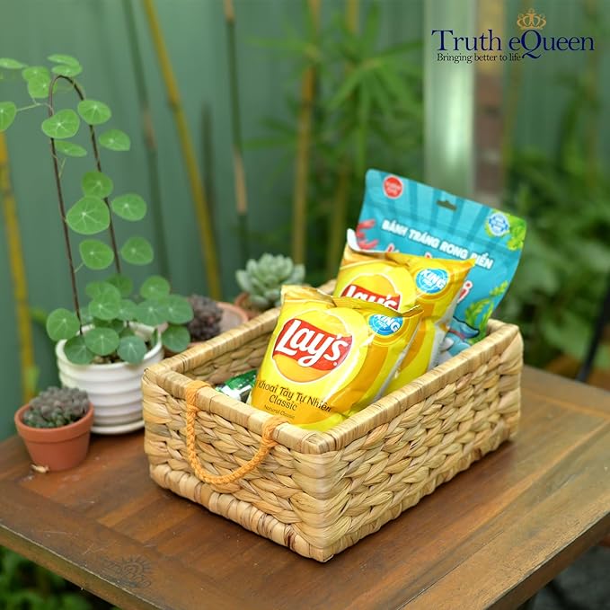 Water Hyacinth Storage Baskets For Organizing, Wicker Baskets For Storage With Macrame Handle, Small Woven Basket Small Wicker Blanket Basket For Organizing, Rectangular Woven Blanket 12x9x5 In