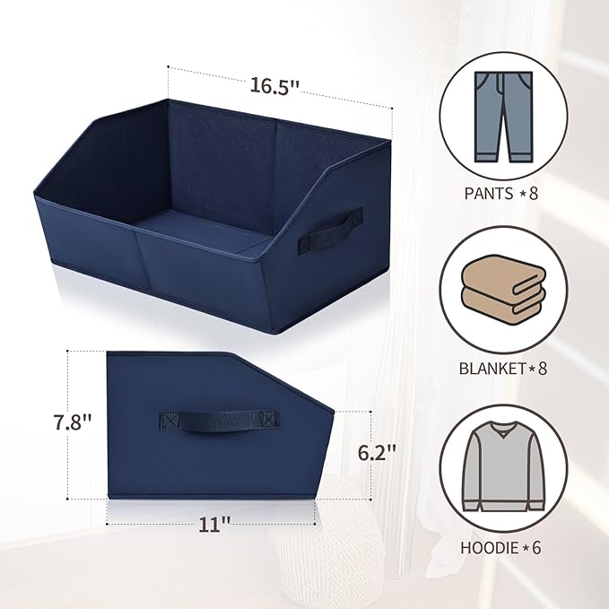 Closet Baskets for Shelves Trapezoid - Decorative Storage Baskets with Handle, Closet Bins for Organization, Shelf Storage Bins for Clothes, Books, Home, Office, 4 Pack, Navy Blue