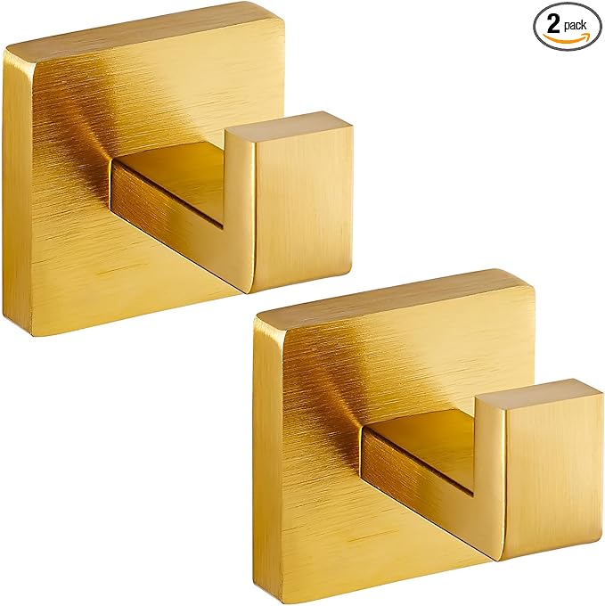 Towel Hooks for Bathrooms, Heavy Duty Wall Mounted Stainless Steel Modern Hook, – Ideal for Hanging Towels, Robes, Coats, in Kitchen, Bedroom, Bathroom, or Hotel (2 Pack, Brushed Gold)