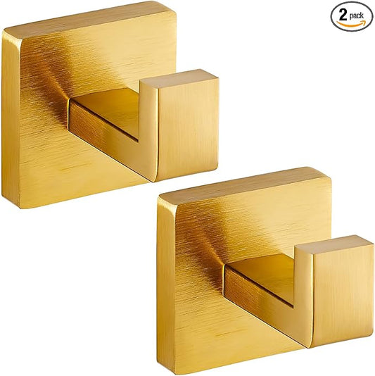 Towel Hooks for Bathrooms, Heavy Duty Wall Mounted Stainless Steel Modern Hook, – Ideal for Hanging Towels, Robes, Coats, in Kitchen, Bedroom, Bathroom, or Hotel (2 Pack, Brushed Gold)