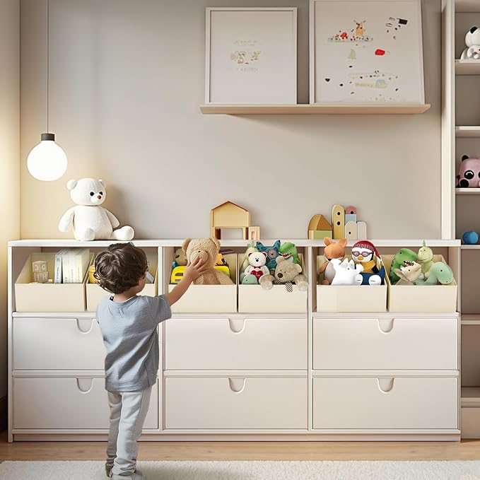 DIMJ Closet Storage Bins - Fabric Storage Baskets for Shelves, Collapsible Clothes Organizer with Handles for Purse, Toys, Books, Towel, Clothes, 6 Pack, Beige