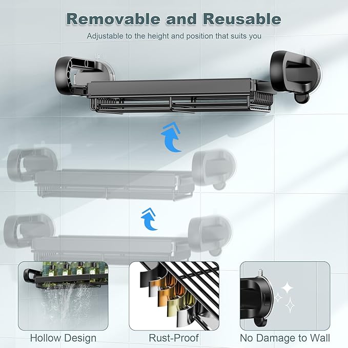 JOTPE Shower Caddy Suction Cup, Expandable Suction Shower Shelf with Large Capacity, Heavy Duty Shower Organizer Powerful Max Hold 22lbs, Removable Waterproof Metal Basket for Bathroom Kitchen Storage