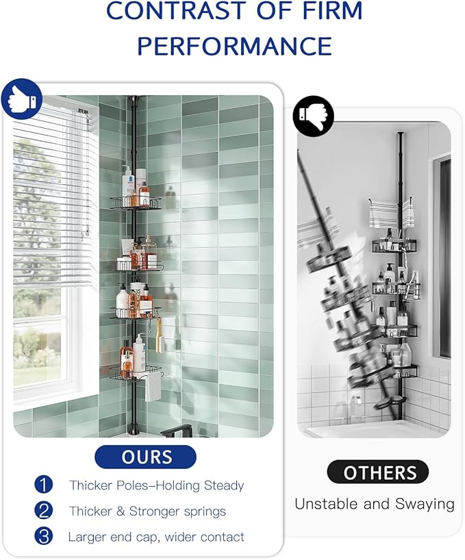 SEIRIONE Rustproof Shower Caddy and Organizer Corner for Bathroom, Tension Pole With 4 Adjustable Baskets for Shower Accessories, 34 to 116 Inch Height, Black