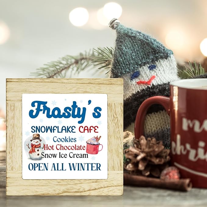 Winter Hot Cocoa Bar Sign Winter Snowman Signs for Home Decor Coffee Bar Christmas Decor for Table Frosty's Snowflake Cafe Sign 6 x 6 inches