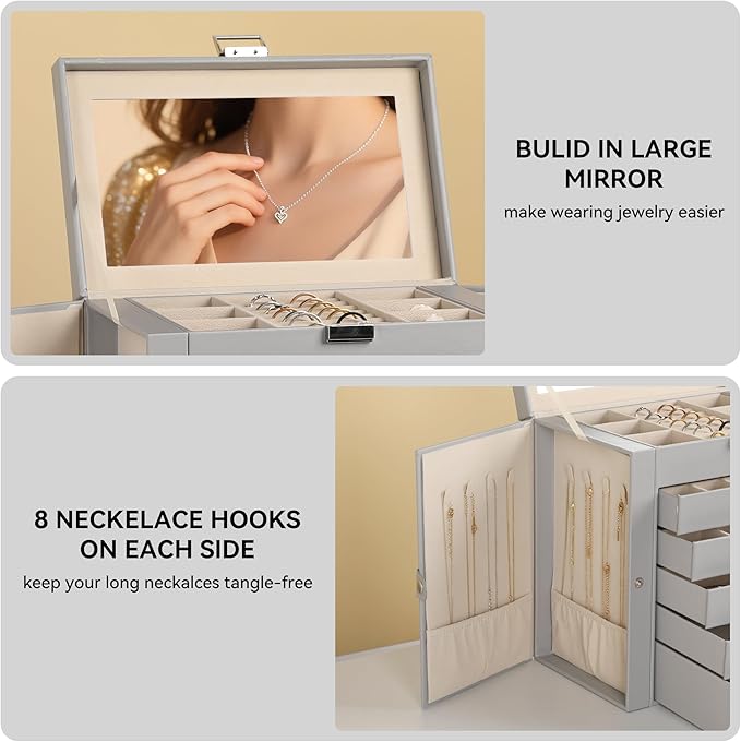Frebeauty Large Jewelry Box,6-Tier PU Leather Jewelry Organizer,Multi-functional Storage Case with Mirror,Accessories Holder with 5 Drawers for Necklace Bracelets Watches(Grey)