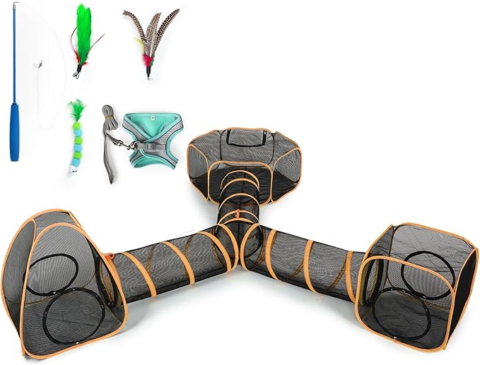 5 in 1 Outdoor Cat Tents with Tunnels for Outside - Cat Enclosures for Indoor Cats with 1 Cat Harness and Leash for Walking, 1 Cat Wand Toys, 3 Cat Feather Toys - Cat Playpen and Indoor Catio