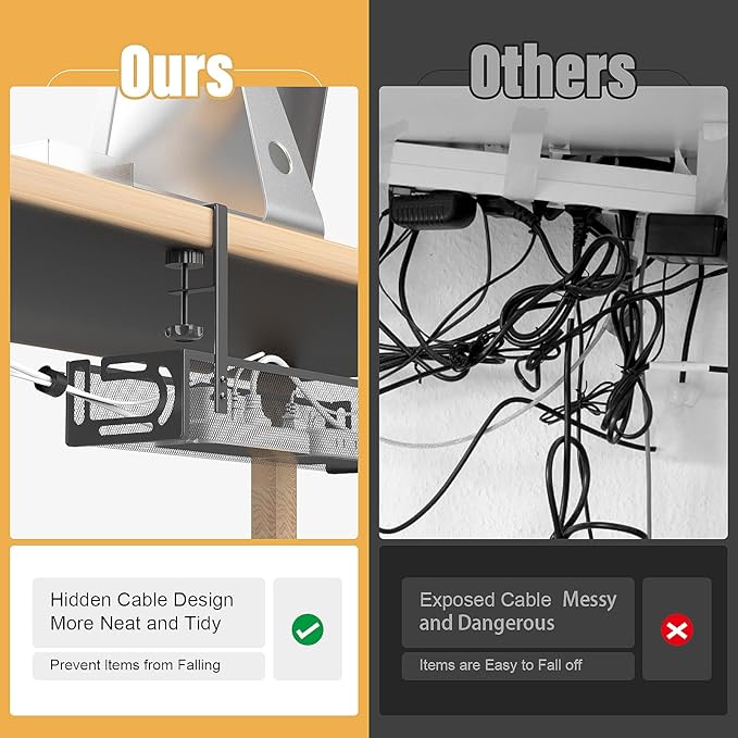 2 Pack Under Desk Cable Management Tray No Drill, Metal Mesh Cable Tray with Clamp for Desk Wire Management, Cord Organizer Box for Office, Home
