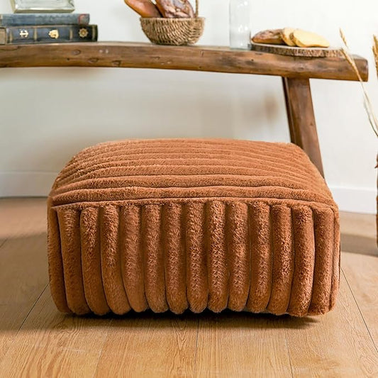 Unstuffed Pouf Ottoman Cover Soft Storage Extra Seat Farmhouse Comfortable Bohemian Poufs Accent Footrest 20x20x8 Inches for Living Room Bedroom Study Nook (Caramel, Square)