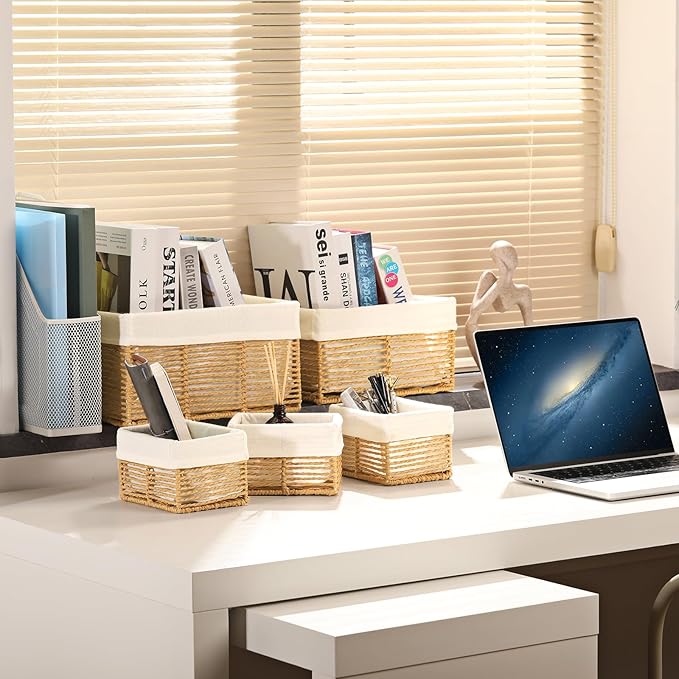 Vagusicc Wicker Storage Basket, Hand-Woven Paper Rope Wicker Baskets, Rectangular Small Wicke Baskets for Organizing, Cube Storage Bins for Closet/Clothes/Dresser, Natural, 5-Pack