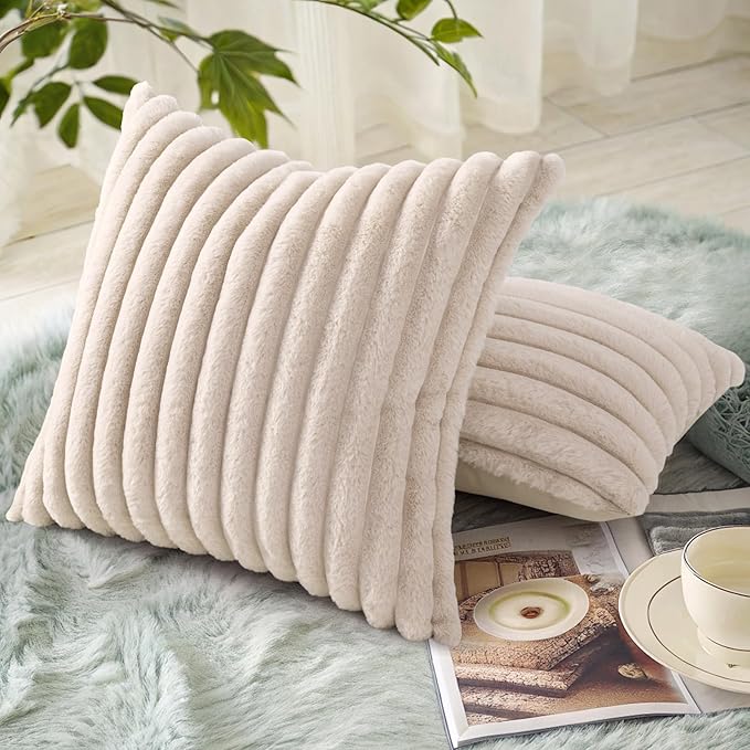 decorUhome Faux Fur Spring Throw Pillow Covers 22x22 Set of 2, Decorative Soft Plush Striped Neutral Couch Euro Sham Pillow Covers with Velvet Back for Sofa, Bed, Living Room Home, Beige