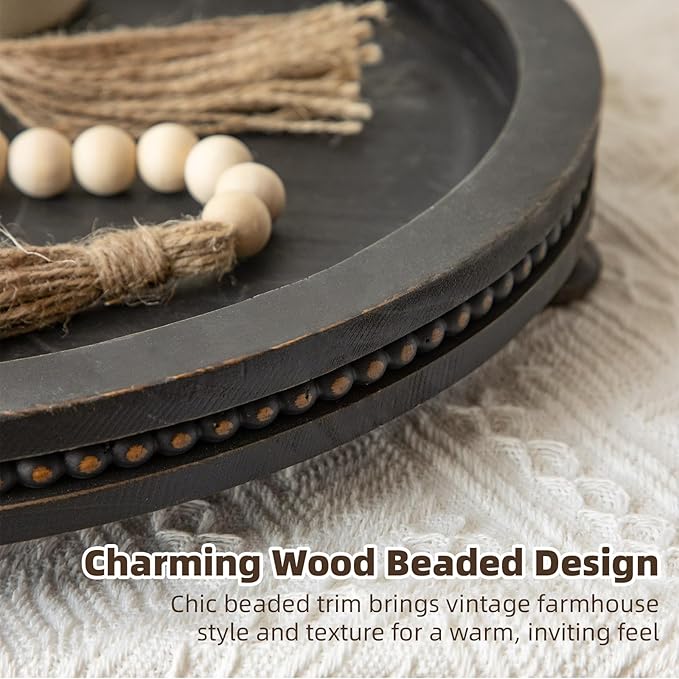 2 Piece Oval Black Wooden Serving Tray Set with Beaded Design, Centerpiece Table Decorations Tray for Living Room Ottoman, Coffee Table Tray for Farmhouse Home Decor