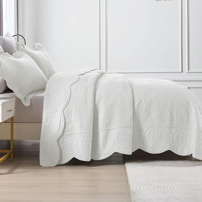 MarCielo 3-Piece 100% Cotton Oversized Bedspread Lightweight Quilt Coverlet Embroidery Farmhouse Bedding Set (TX Bright White, Oversized King (118"x106"))