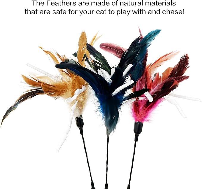 TTcat 3 PCS 22.8” Extra Long Cat Wand Toys Natural Feather Teaser Stick Toys,Interactive Toys for Indoor Cat and Kitten.