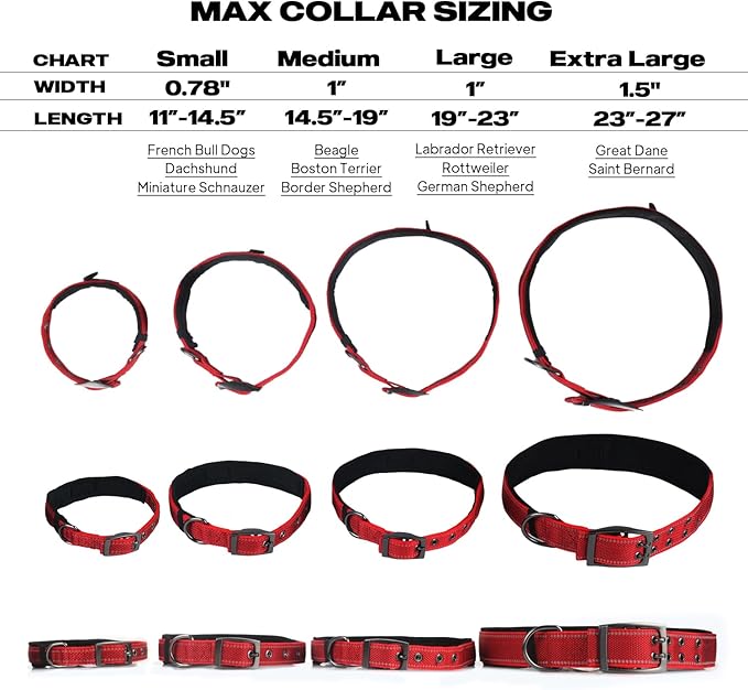 PetiFine Dog Collar for Large Dogs, Neoprene Padded and Adjustable, Reflective Wide Heavy Duty Pet Collars with Durable Metal Belt Buckle for Walking, Red, XL